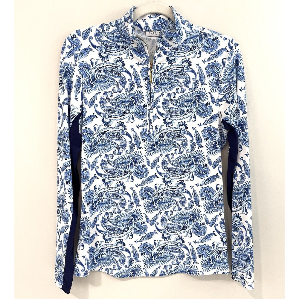 Cabana Life Charleston 1/4 Quarter Zip Sport Top Blue White Print Golf S